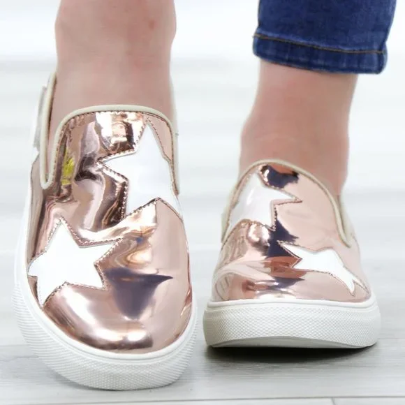 Rose Gold With White Stars Patent Sneakers Shoes - Picture 14 of 14